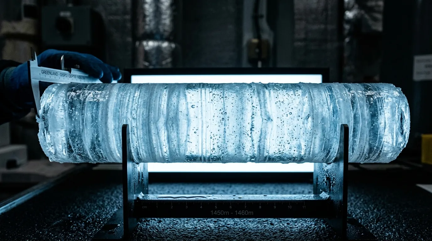 A deep blue ice core cross-section showing layered bands of ancient Greenland ice