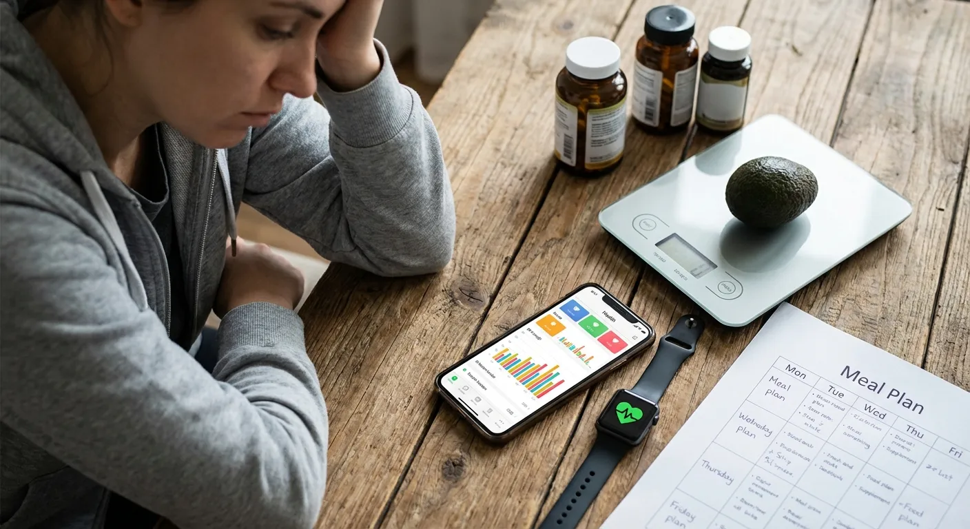 Multiple health tracking devices and apps displayed alongside a person looking overwhelmed