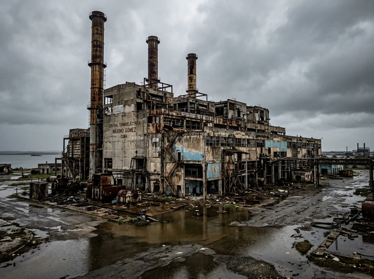 Aging Cuban thermoelectric power plant with rusted smokestacks and idle turbines