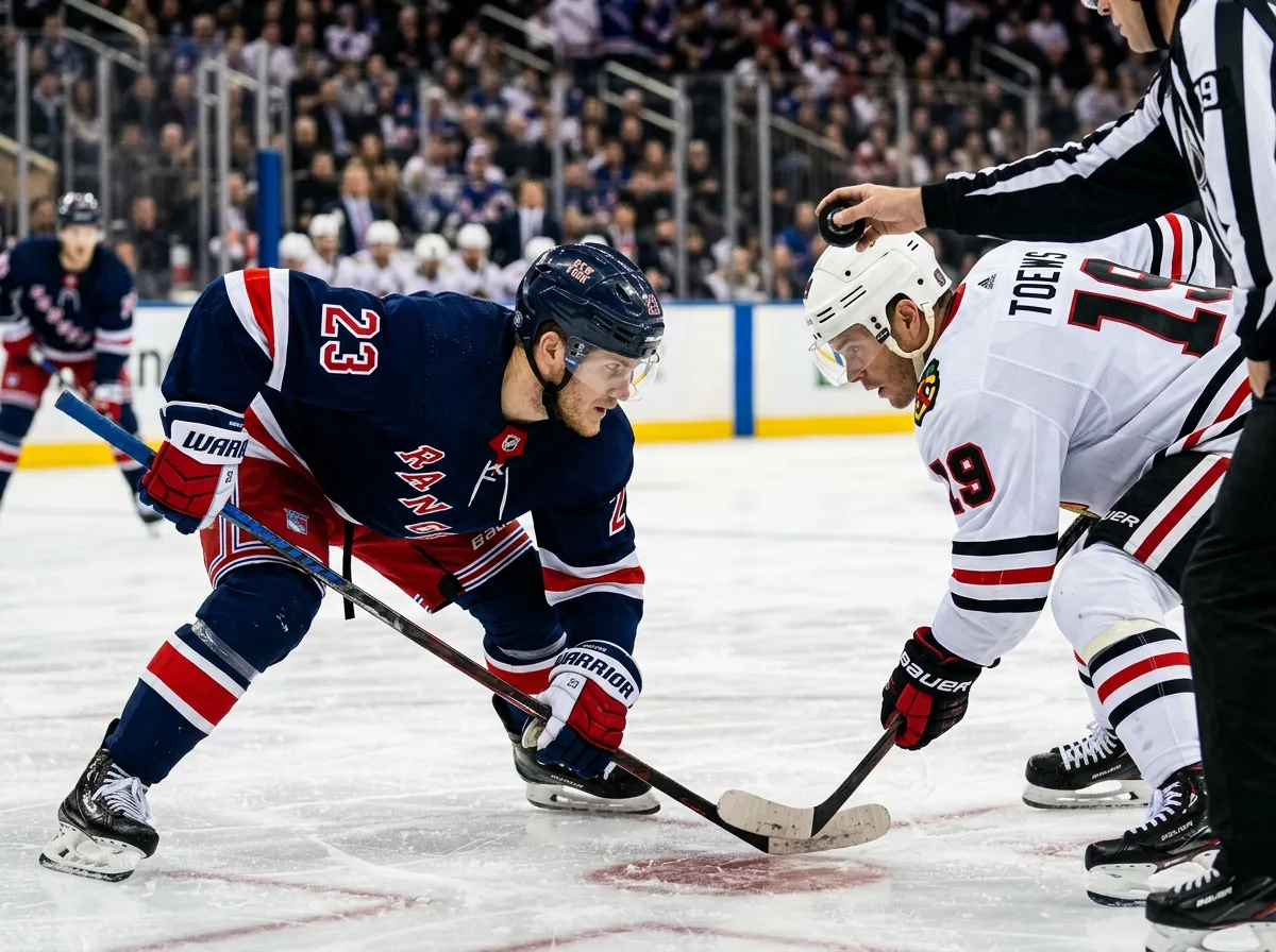 NHL center taking a faceoff with intensity under arena spotlights during a game