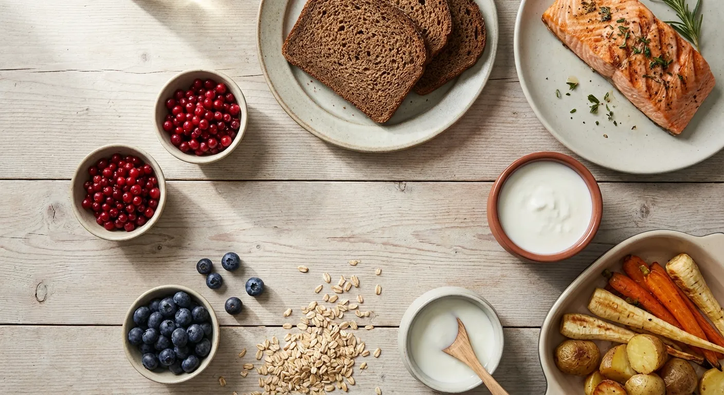 Nordic meal spread with whole grain rye bread salmon berries and root vegetables on wooden table