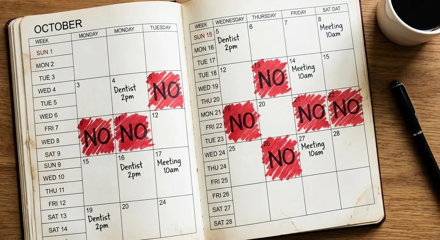 Calendar with blocked out time and 'NO