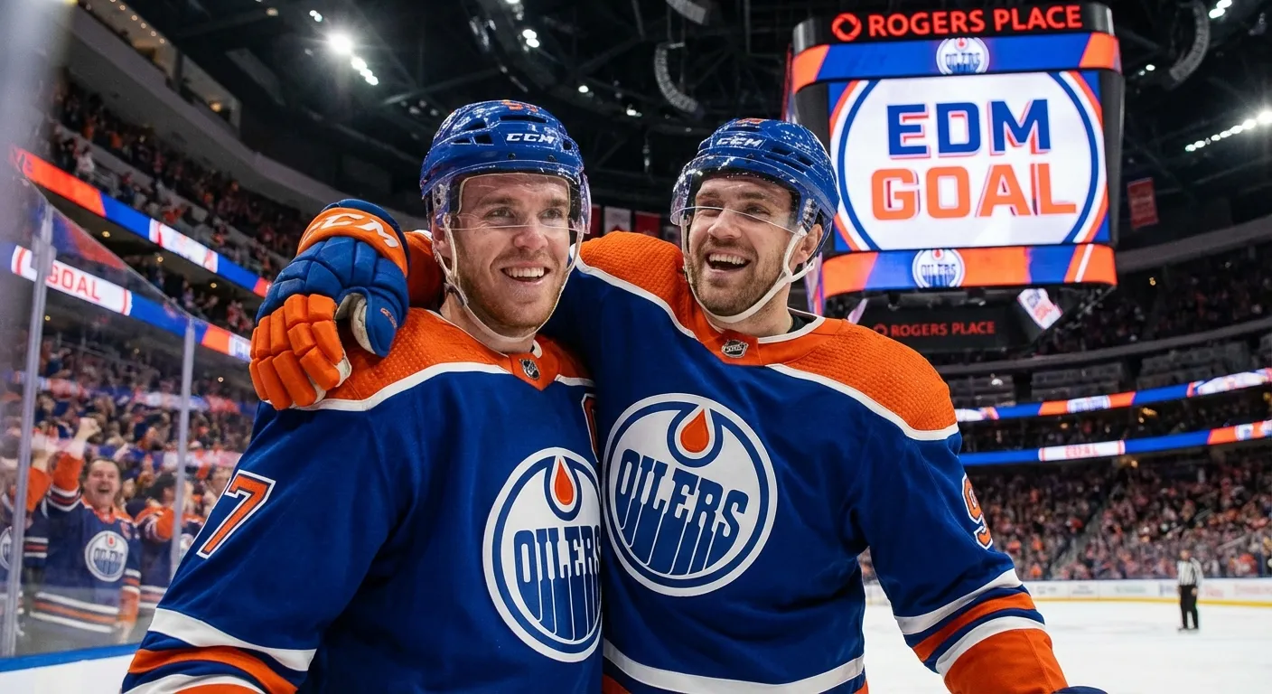 Connor McDavid celebrating with Leon Draisaitl after a goal