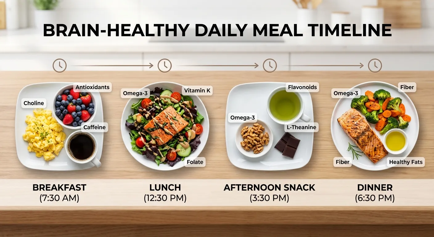 Daily meal pattern showing brain-healthy foods throughout the day
