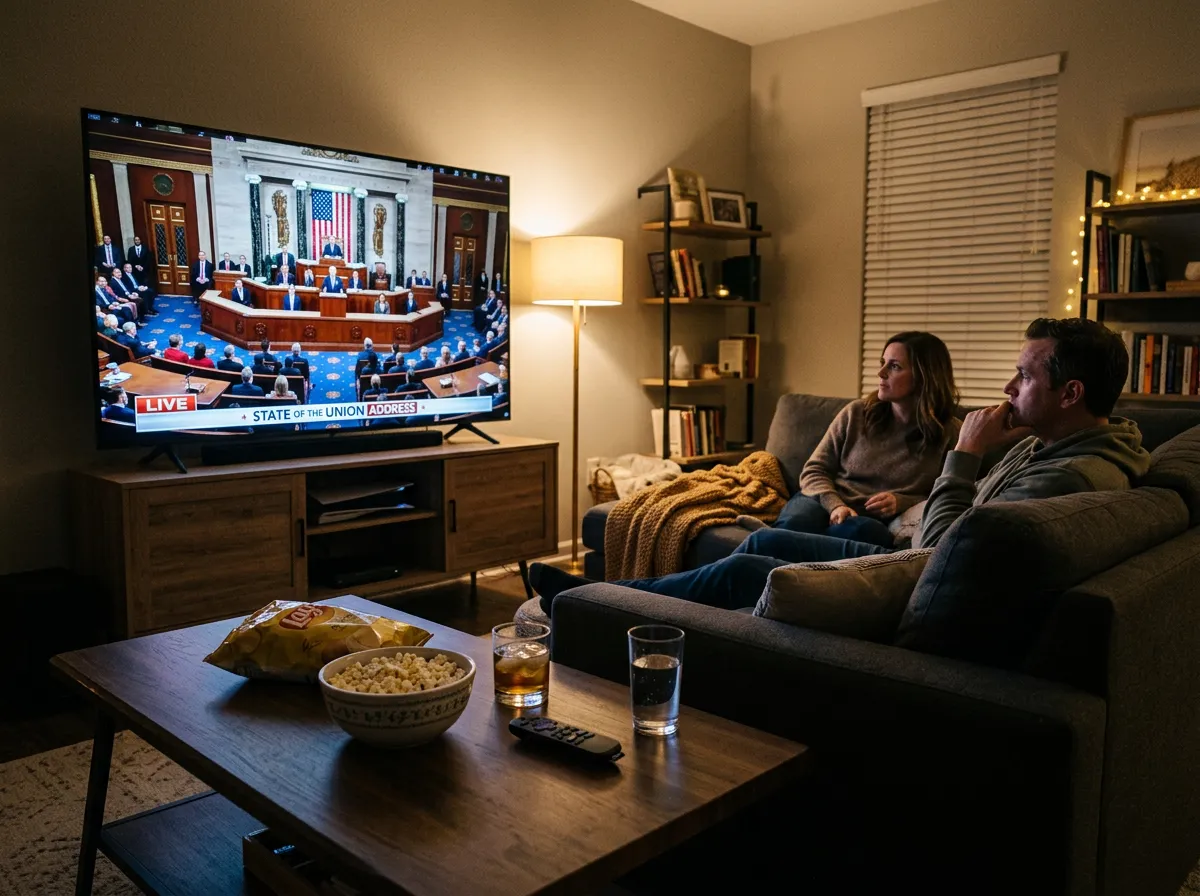 A television screen showing the State of the Union address in a living room setting