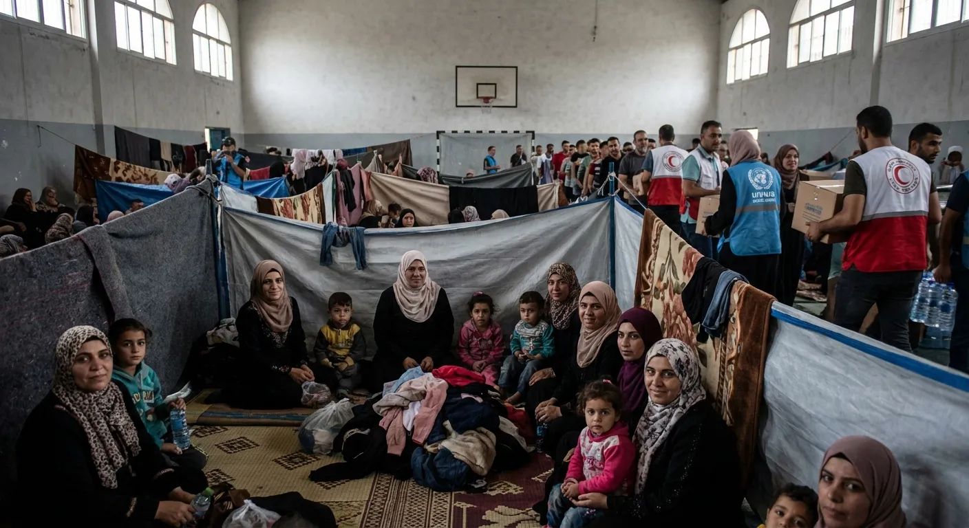 Displaced Gaza residents in a crowded shelter with children visible