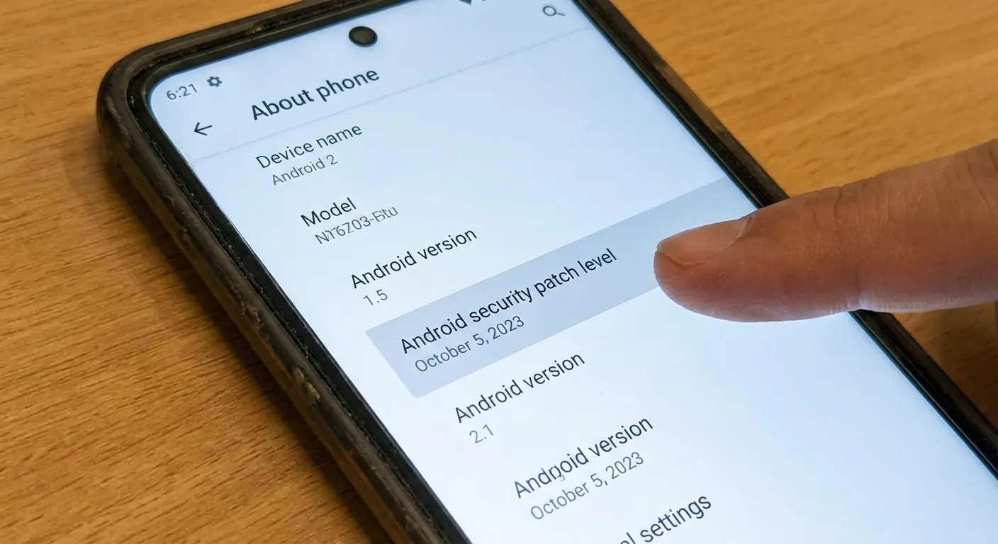 Android settings screen showing About Phone with security patch level date