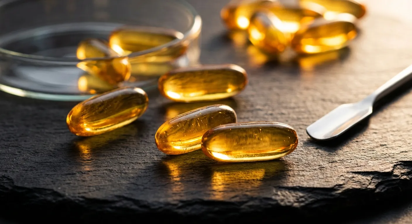 Translucent fish oil capsules on dark surface with dramatic lighting showing golden omega-3 oil inside