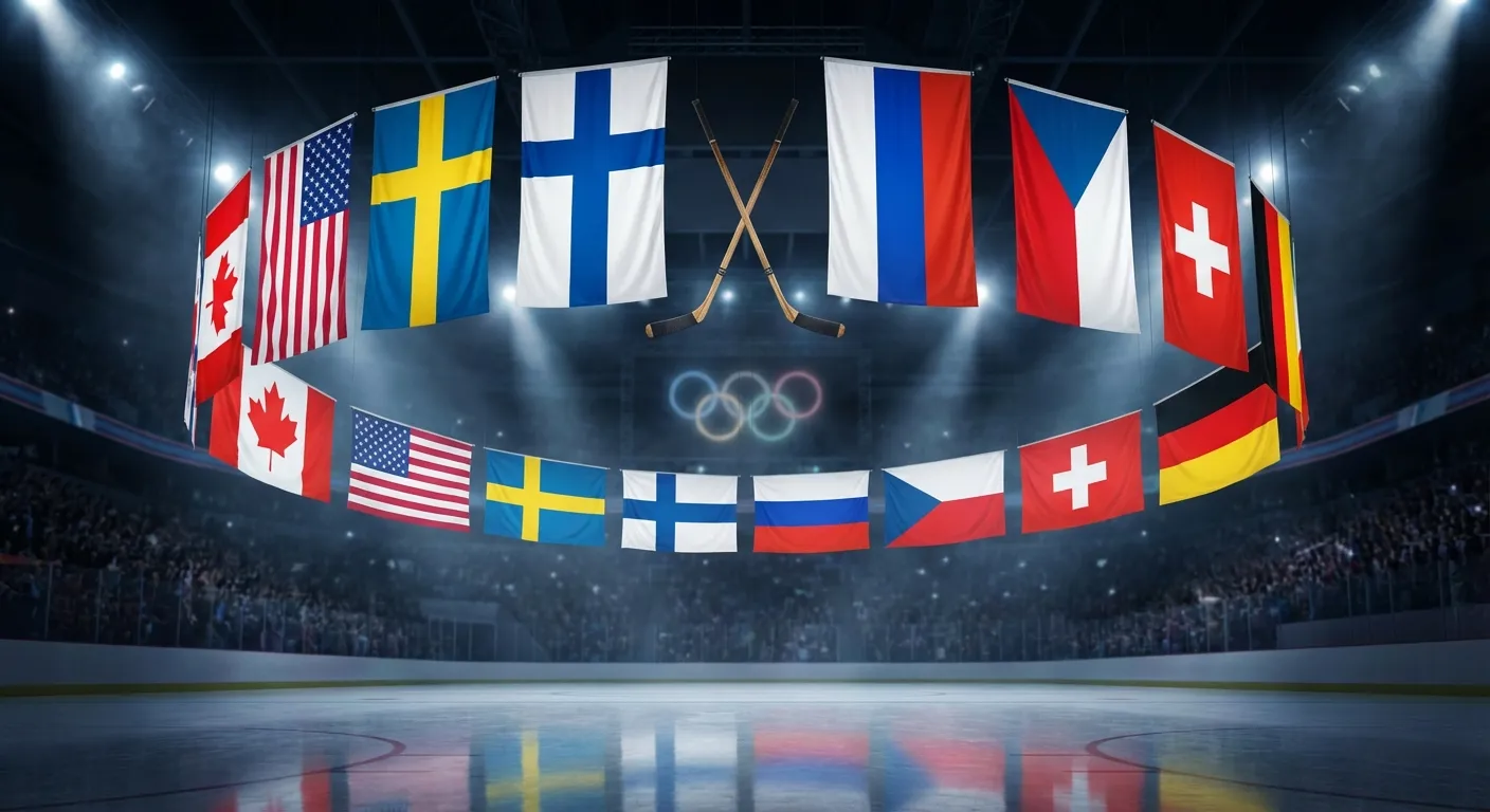 Flags of major Olympic hockey nations displayed together