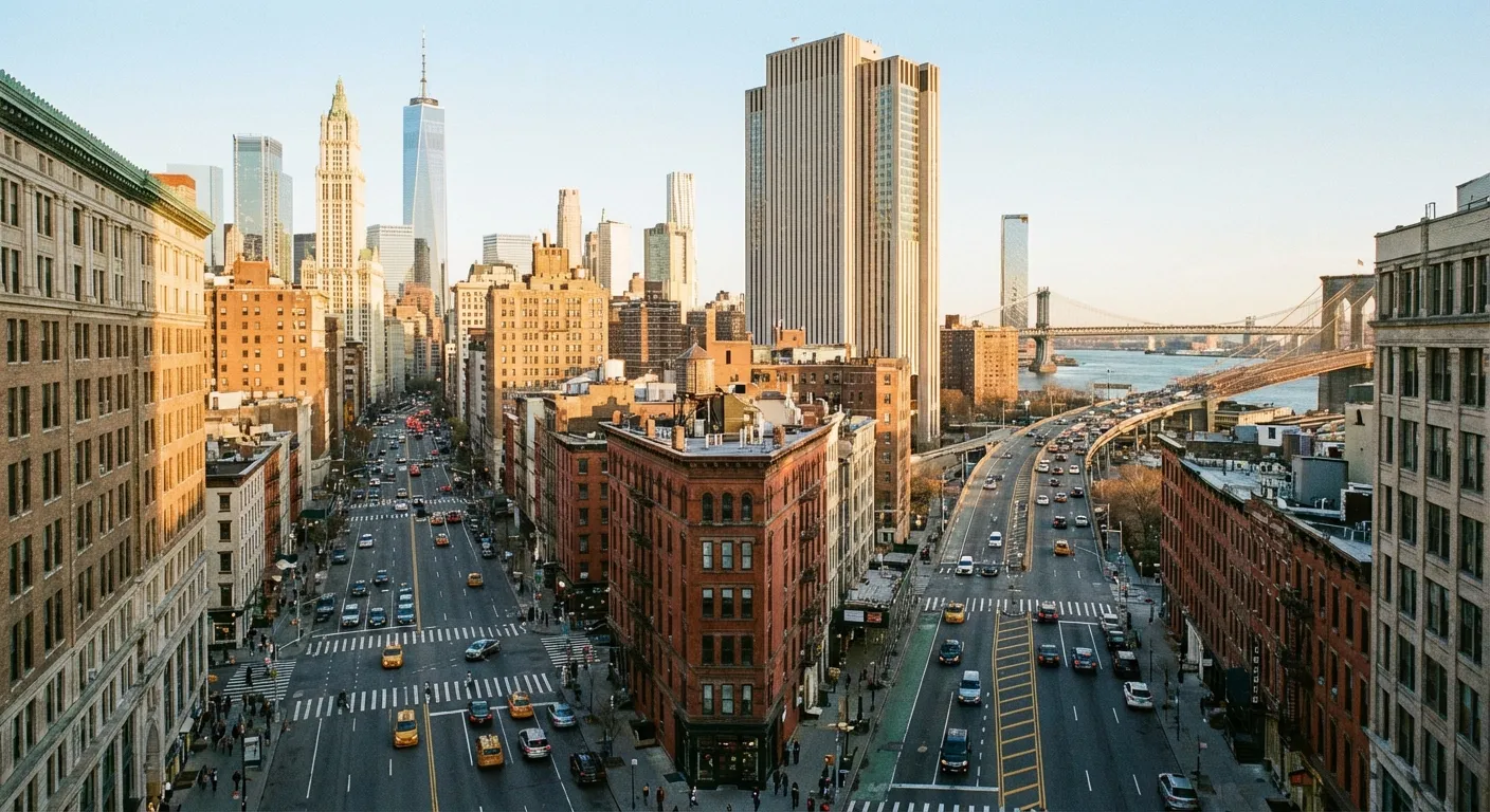 Manhattan skyline from above showing streets with moderate traffic flow