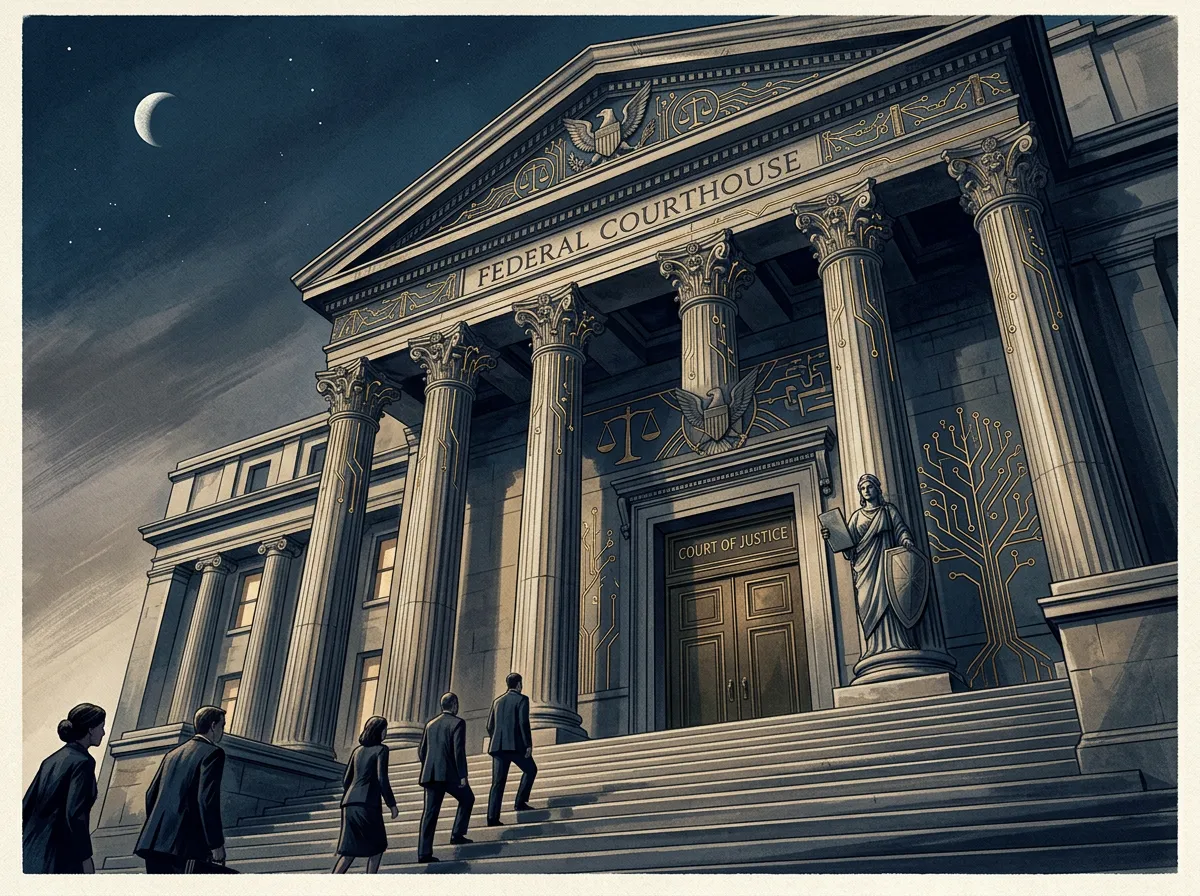 Courthouse exterior with tech company logos and AI symbols in a modern editorial style