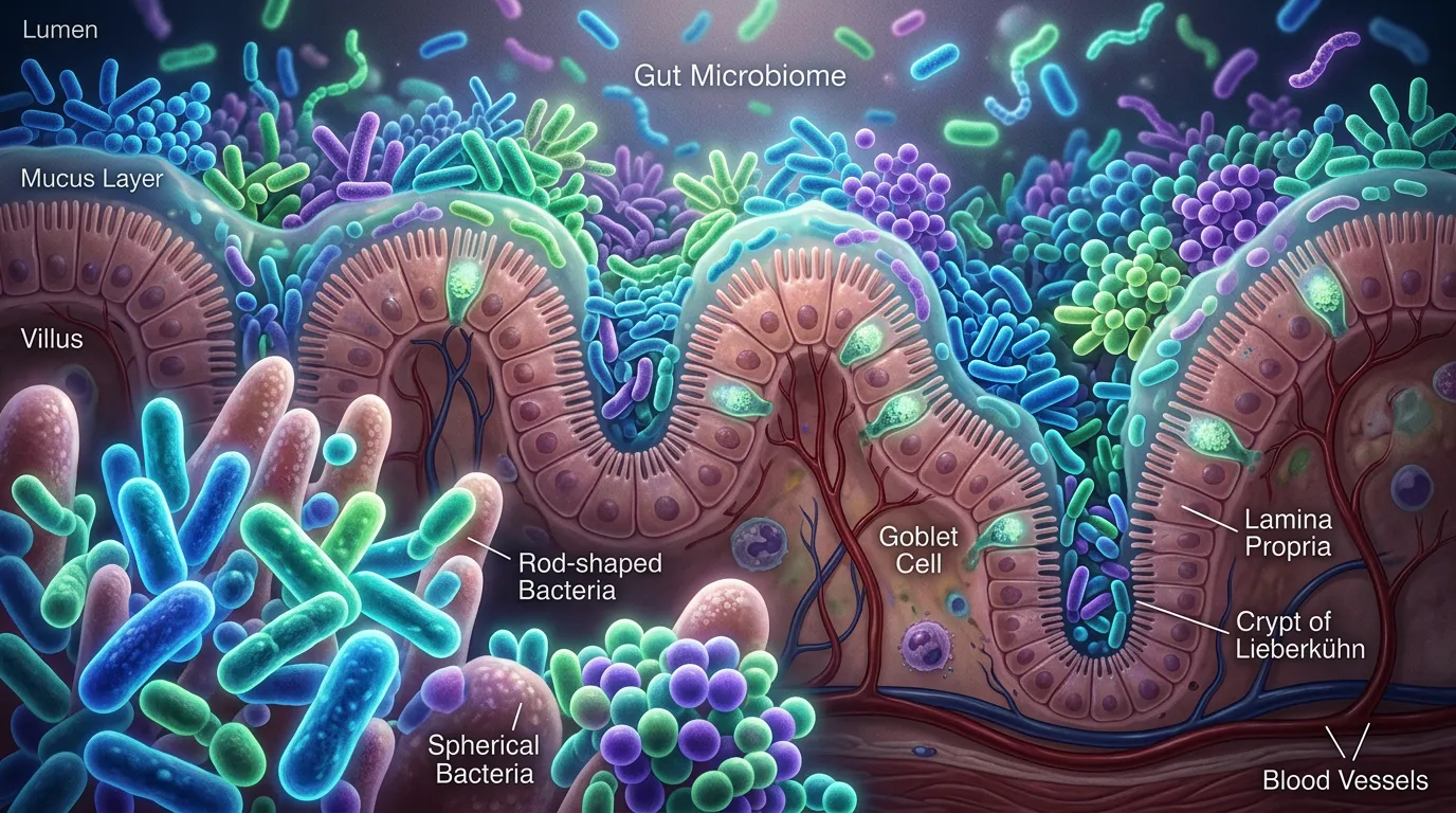 Microscopic view of diverse colorful gut bacteria colonies in human intestine