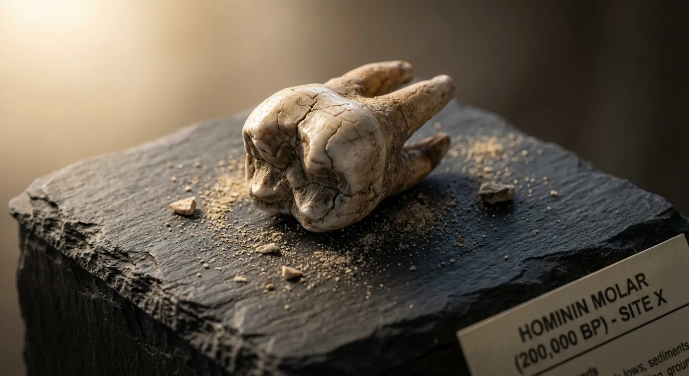 Ancient molar tooth fossil against dark background representing Denisovan genetic discovery