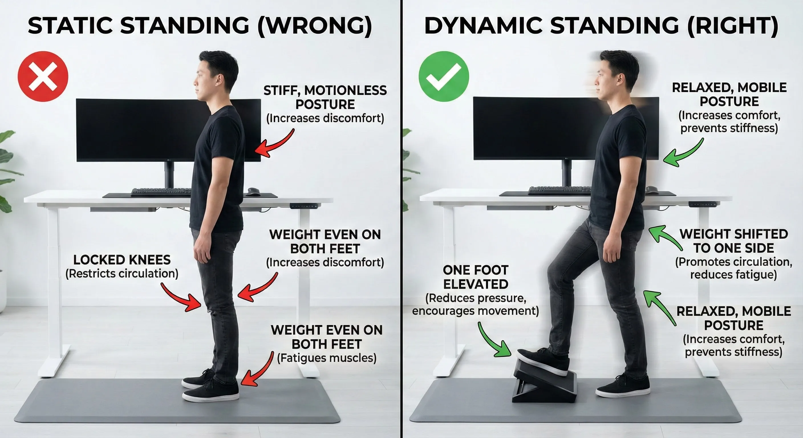 Side-by-side comparison of static standing versus dynamic standing positions