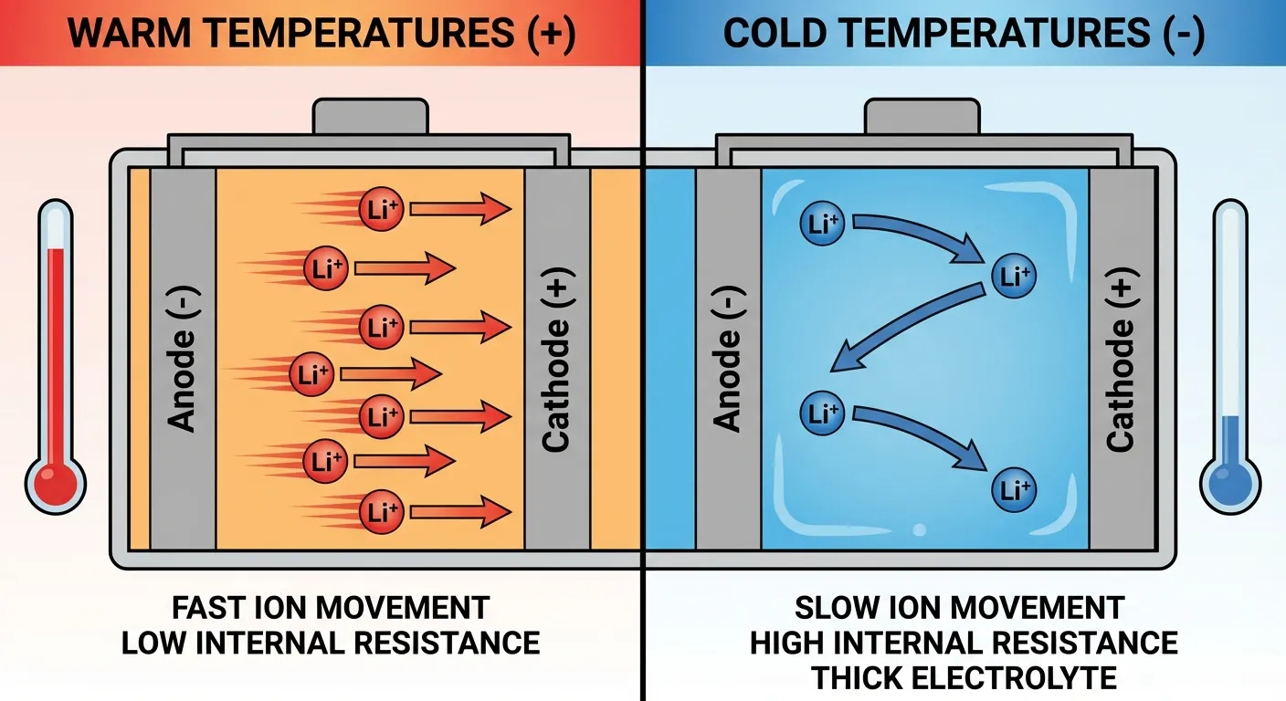 Diagram showing ion movement in warm versus cold batteries