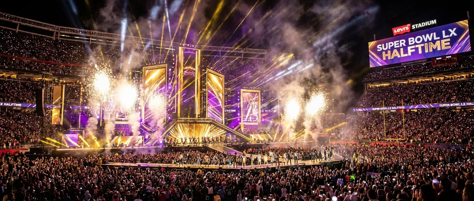 Super Bowl halftime stage with dramatic lighting and massive crowd