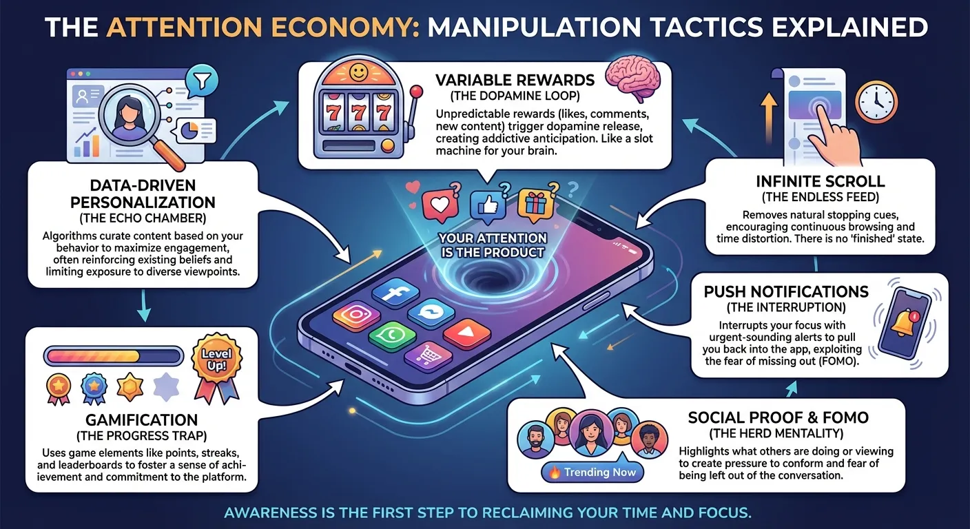 Diagram showing how app features like notifications, infinite scroll, and variable rewards exploit psychological vulnerabilities