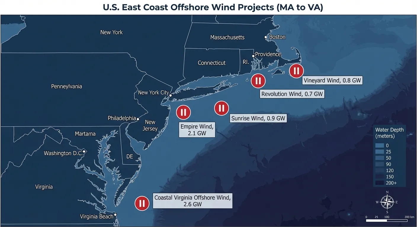 Map showing locations of five suspended offshore wind projects along East Coast