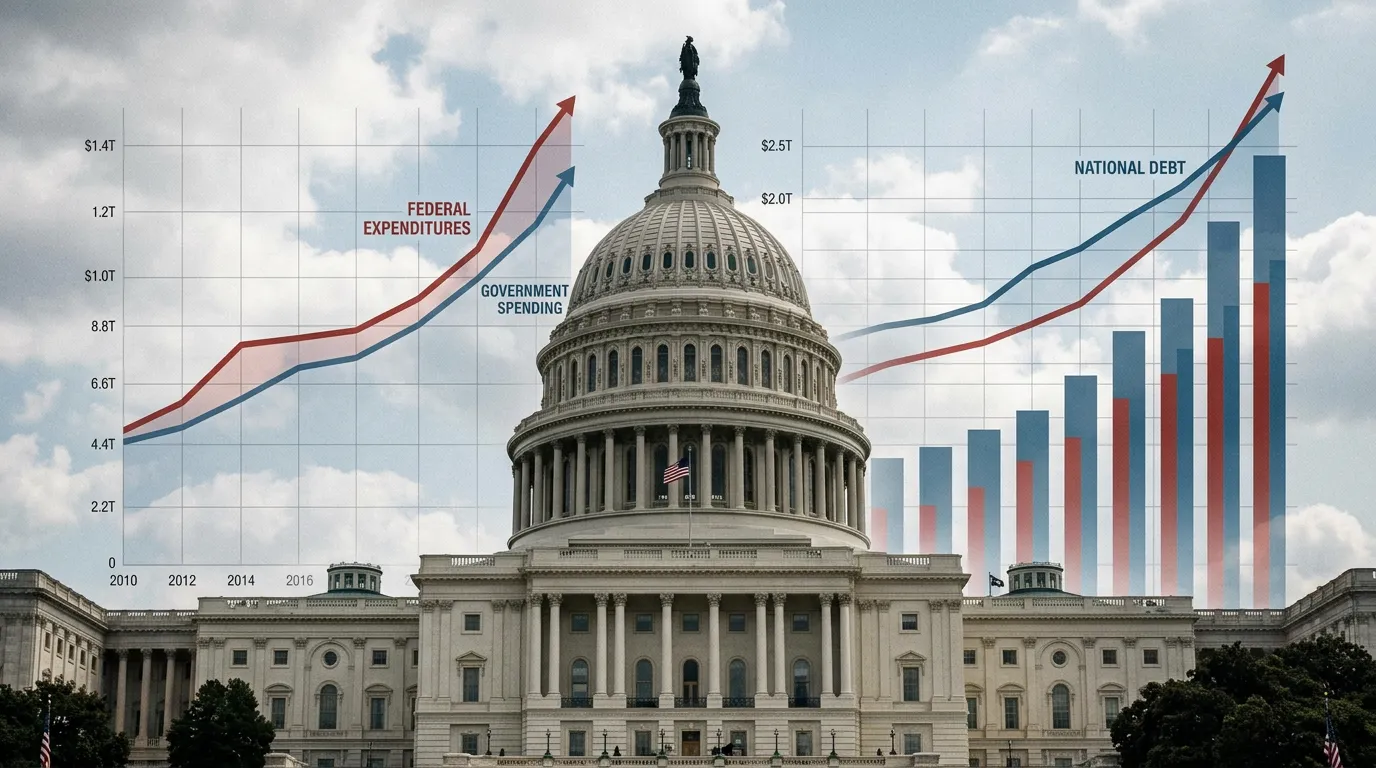 US Capitol building with overlaid budget charts showing spending increases