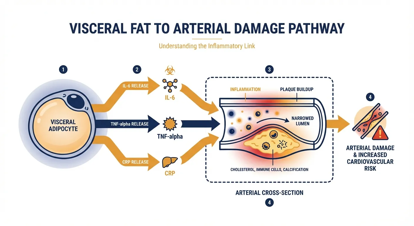 Infographic showing inflammation pathway from visceral fat to arterial damage