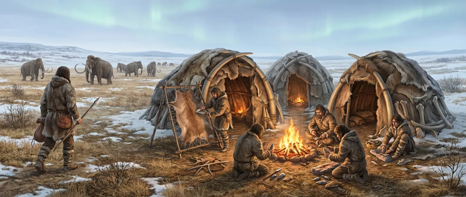 Reconstruction of a Gravettian camp on the mammoth steppe with hunters and mammoth bone shelters