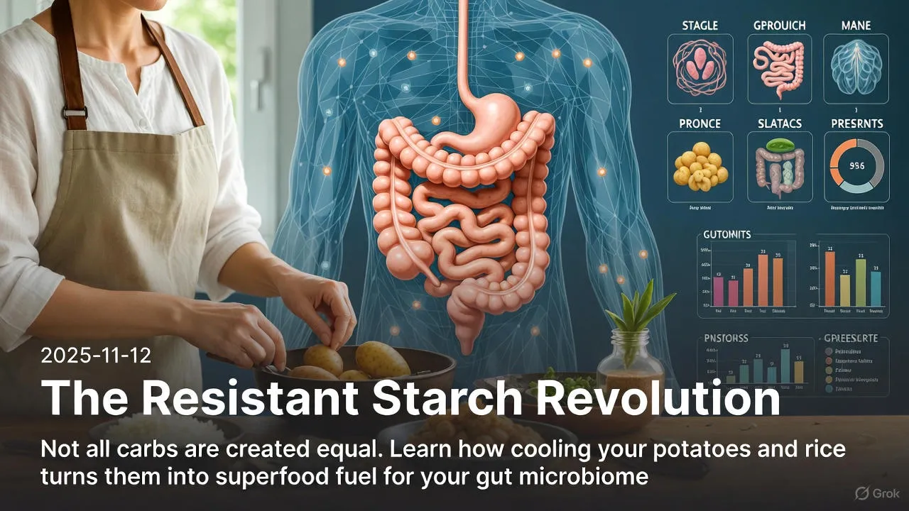 A bowl of colorful potato salad and cold rice on a wooden table illustrating resistant starch sources