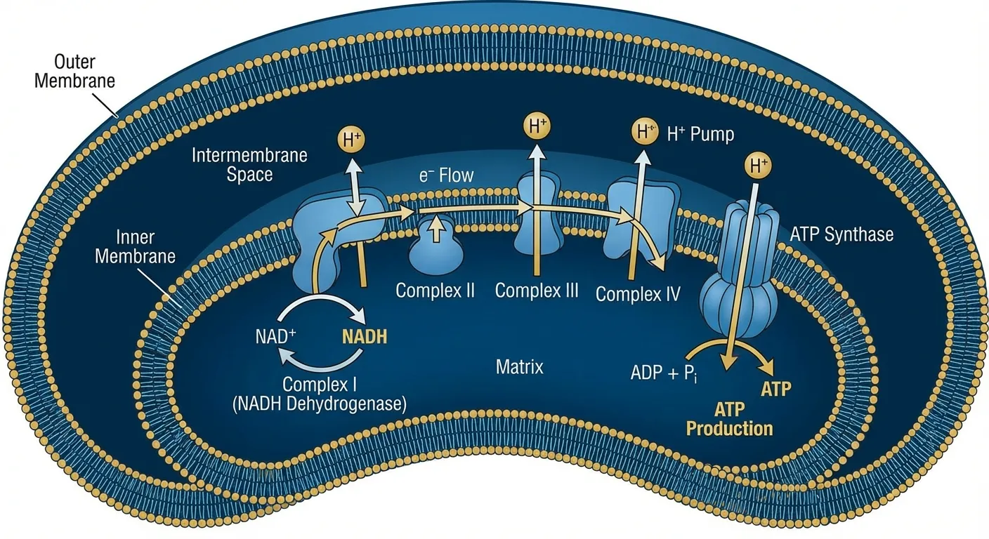 Mitochondria cellular energy production diagram showing NAD+ role in metabolism