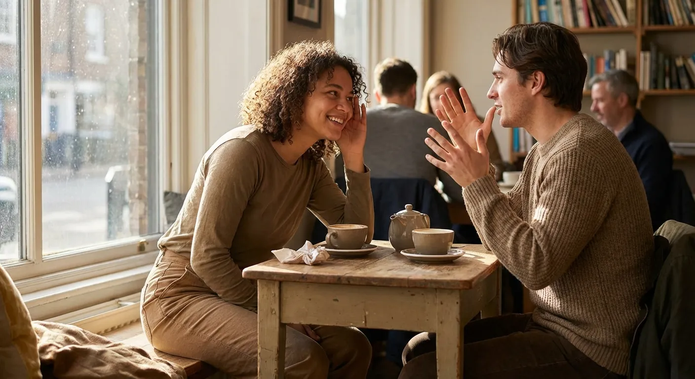 Two friends having a deep conversation over coffee at a cozy cafe table