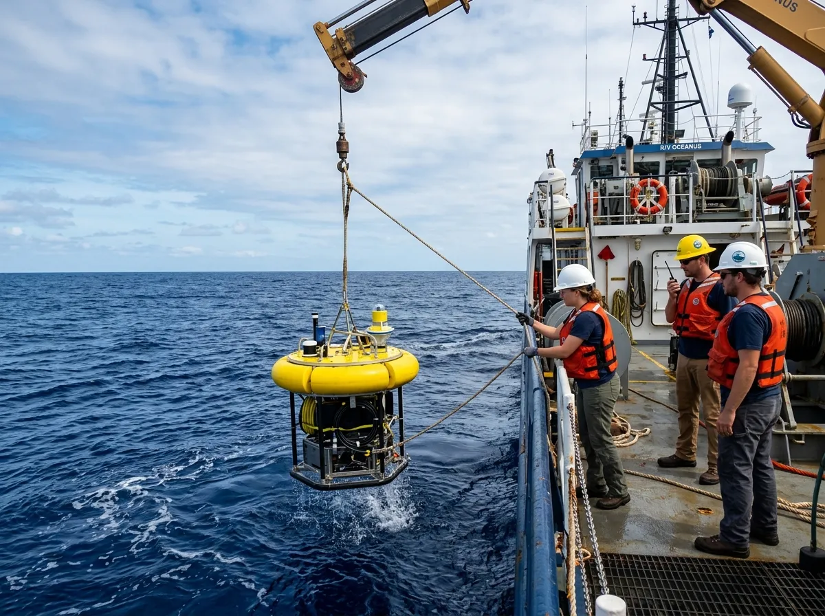 Ocean bottom seismometer being deployed from a research vessel into deep water