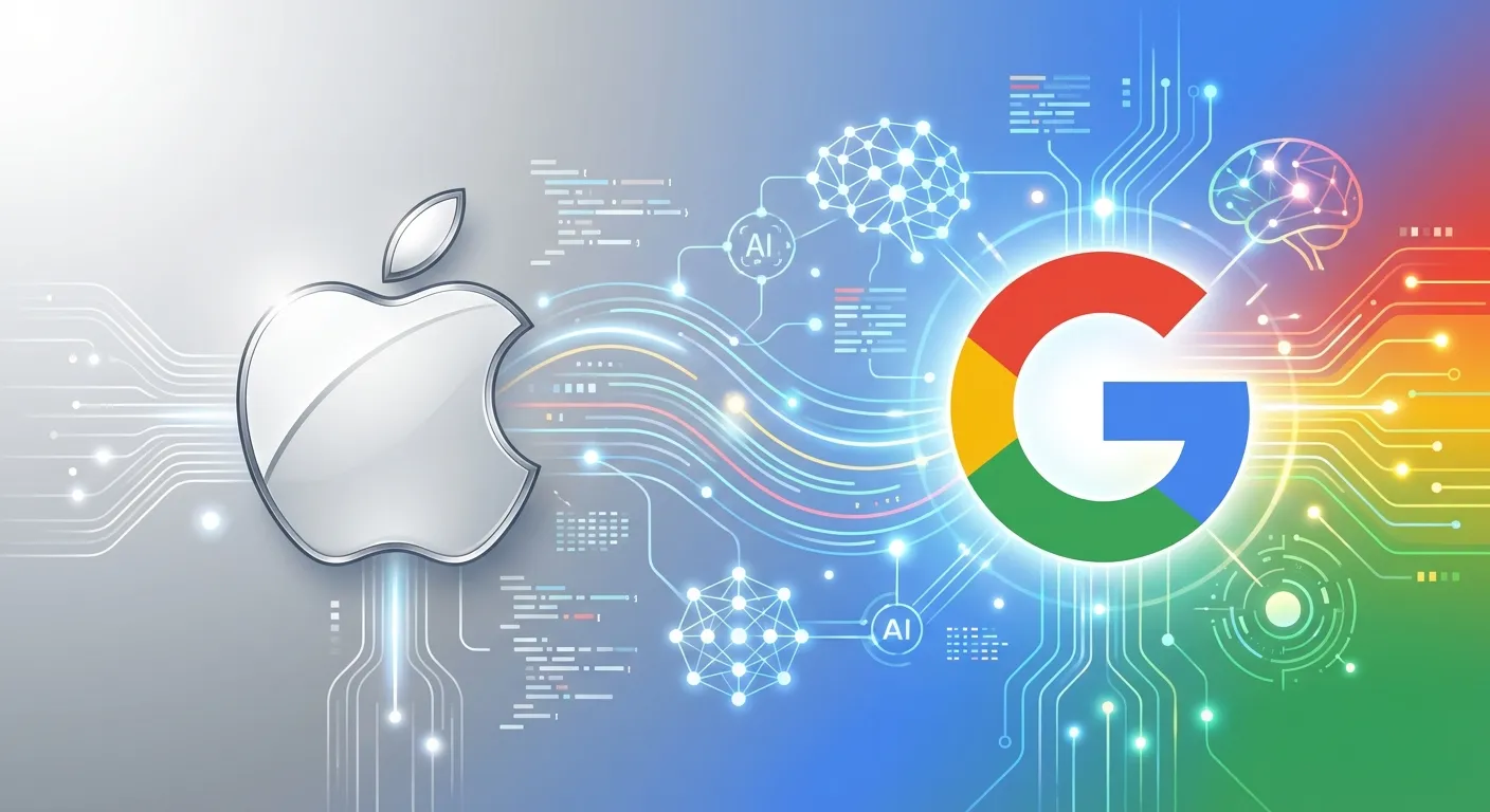 Apple and Google logos side by side with AI neural network visualization between them