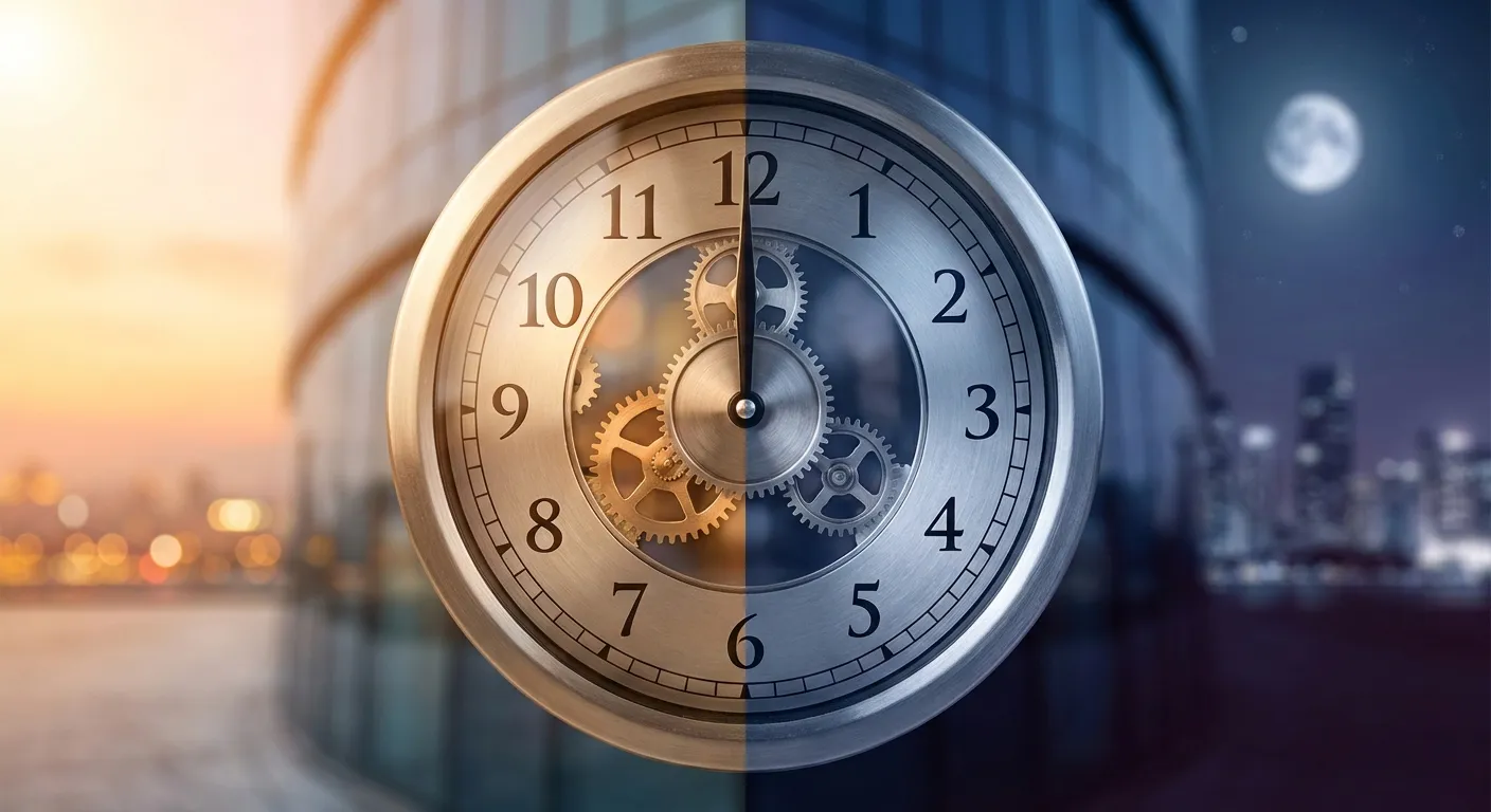 Warm sunrise light and cool moonlight splitting across a clock face representing chronotype rhythm