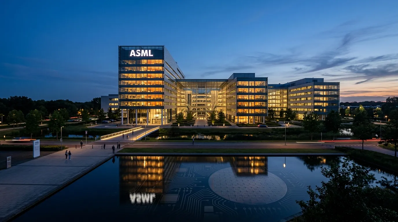 ASML headquarters in Veldhoven at dusk with illuminated logo and reflective glass facade