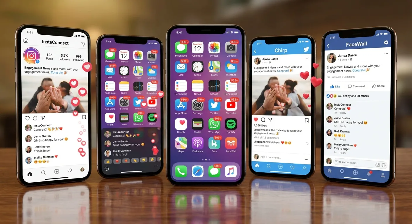 Social media notifications and celebration reactions flooding smartphone screens