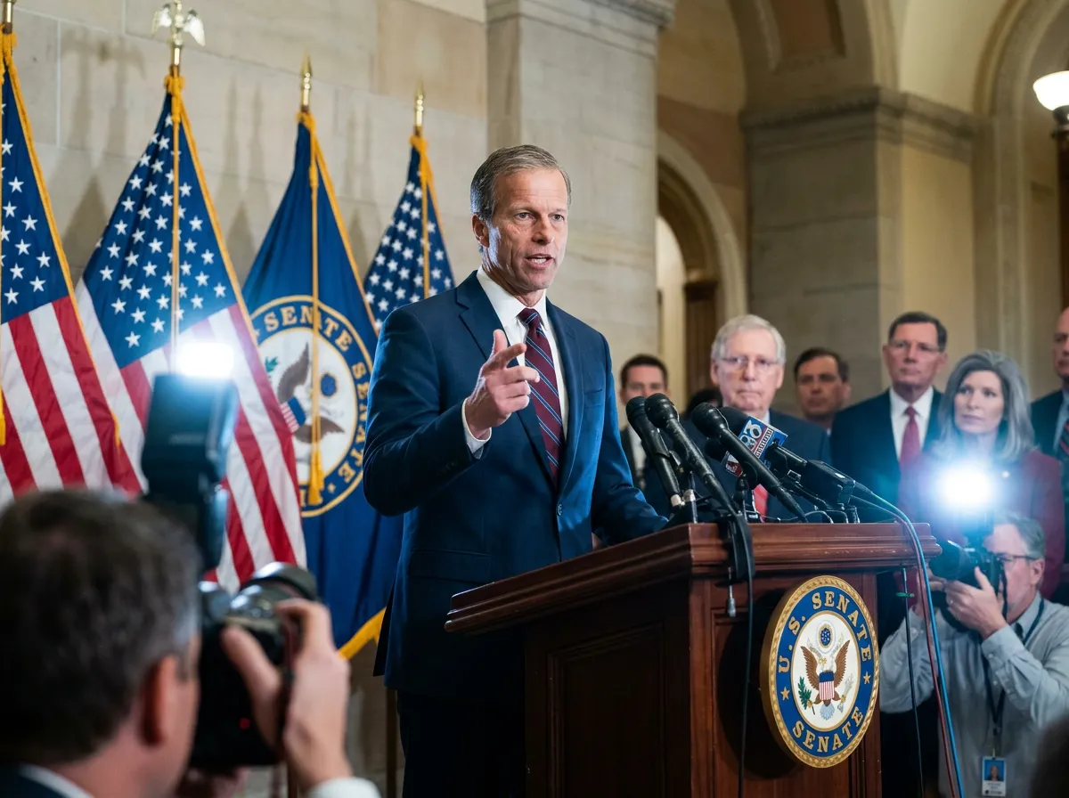 Senate Majority Leader John Thune speaking at a press conference about the SAVE Act