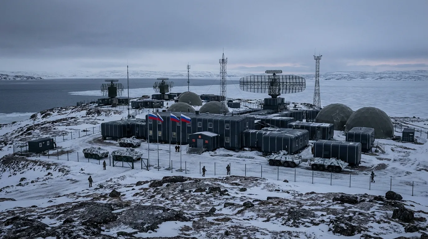 Russian military base in Arctic with advanced weapons systems amid pristine ice landscape