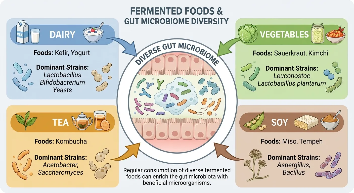 Infographic showing different bacterial strains found in various fermented foods