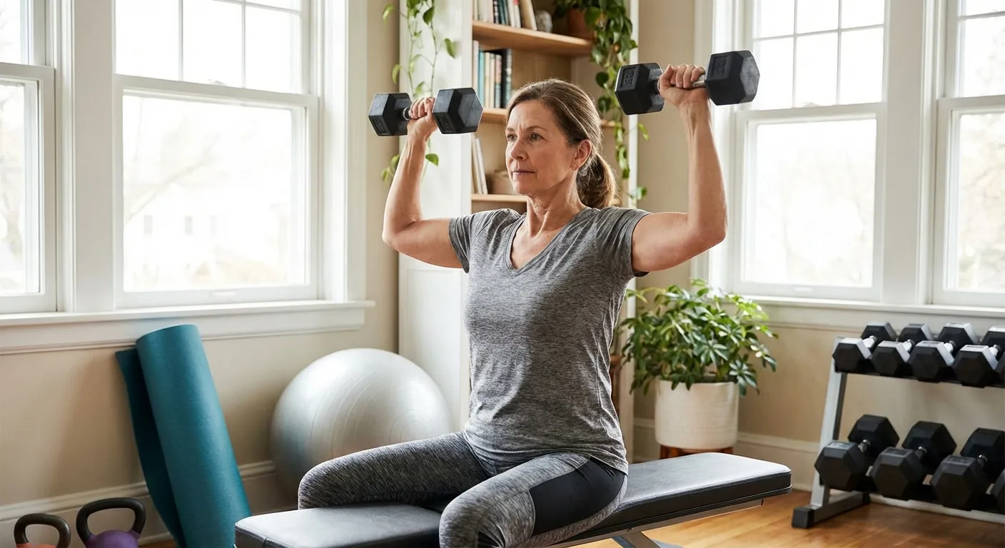 Person performing resistance training with dumbbells in a home gym setting