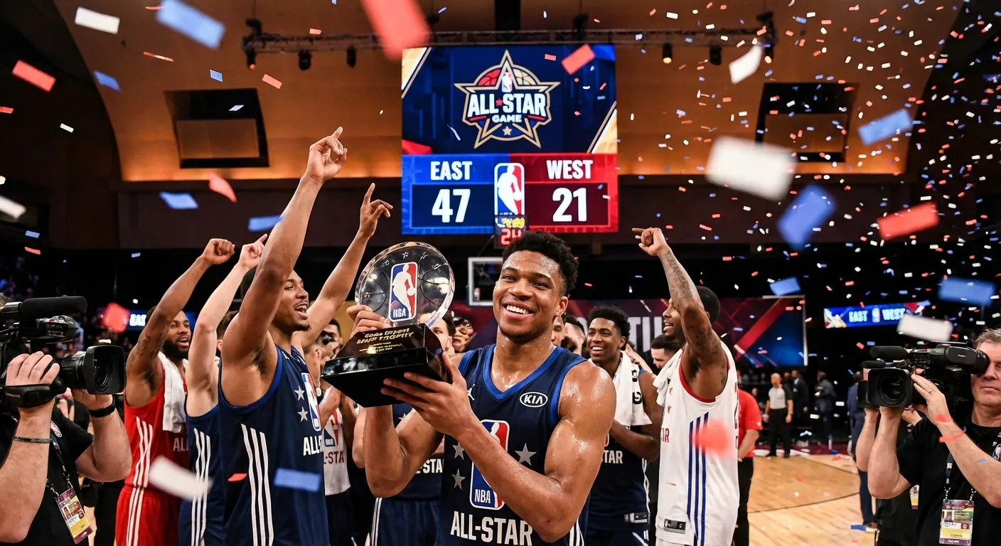 Young basketball player holding the Kobe Bryant MVP trophy while teammates celebrate on court