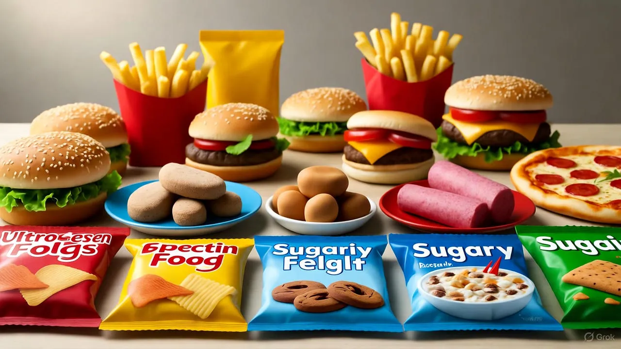 Contrast between ultra-processed packaged foods and fresh whole foods on a kitchen counter
