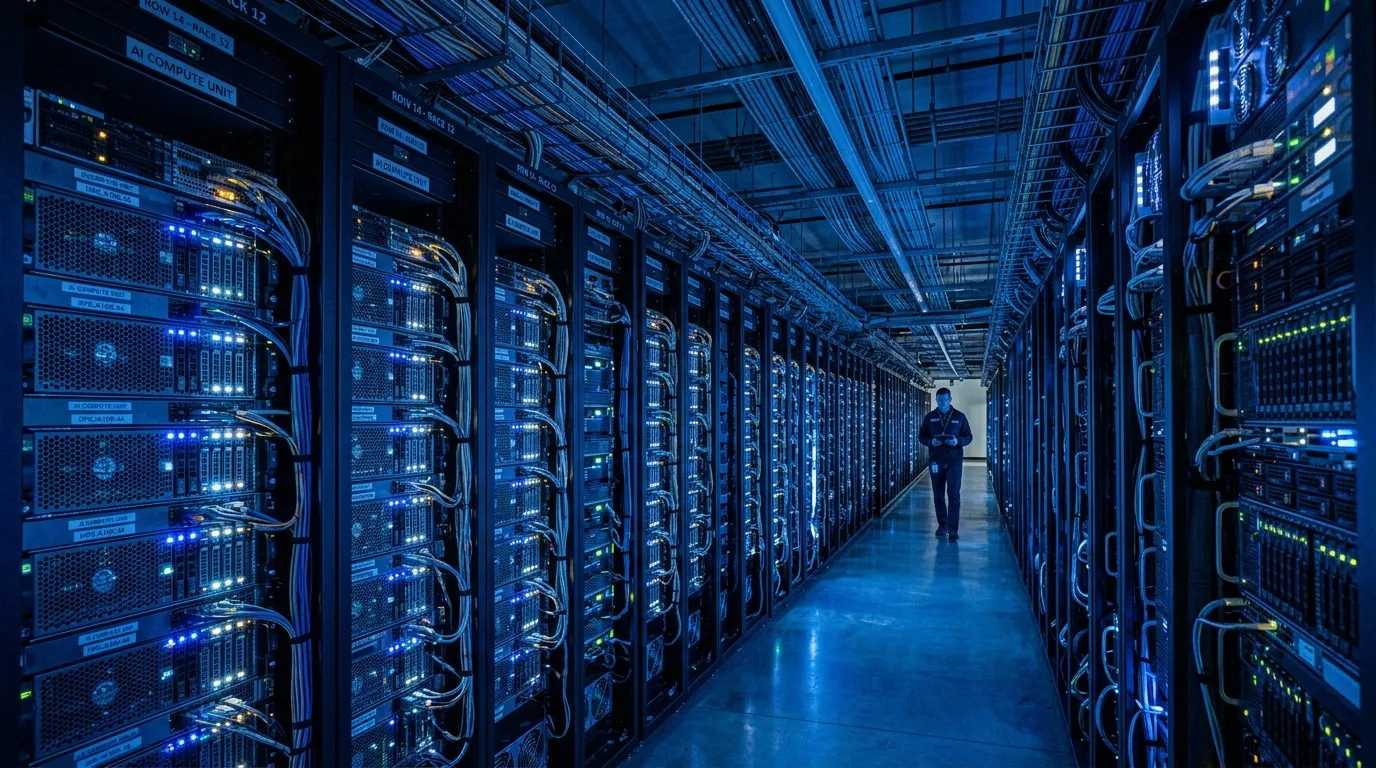 A server room with rows of high-performance computing equipment glowing blue