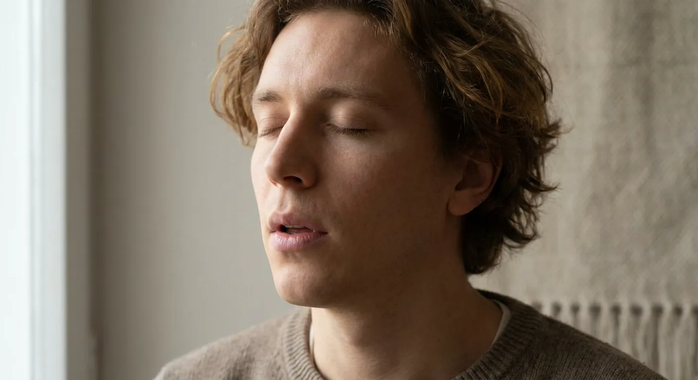 Person practicing slow exhalation with relaxed expression showing parasympathetic activation