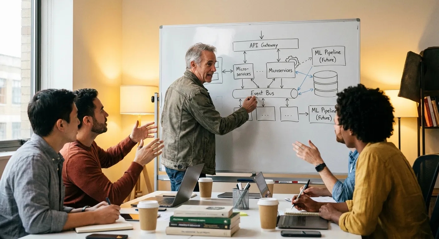 Senior developer leading team meeting with whiteboard system architecture diagram