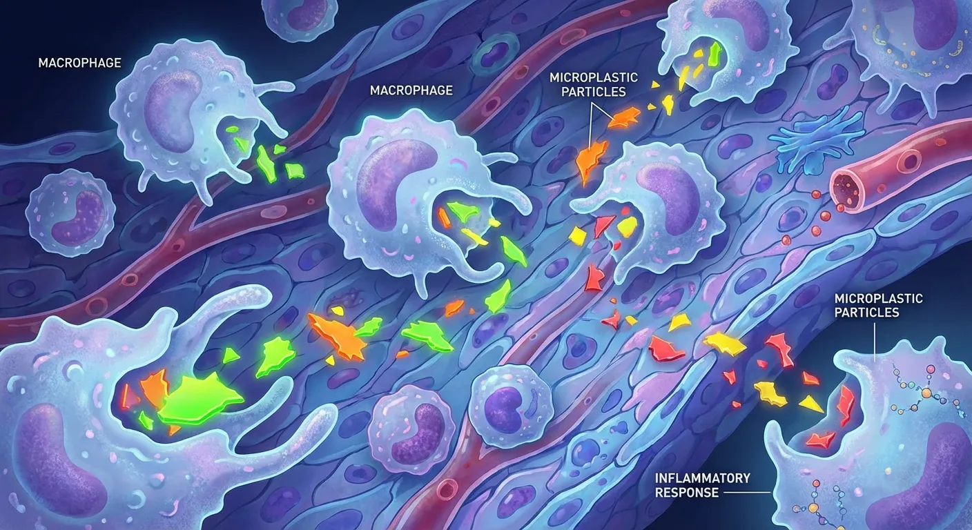 Scientific illustration of immune cells surrounding microplastic particles in human tissue