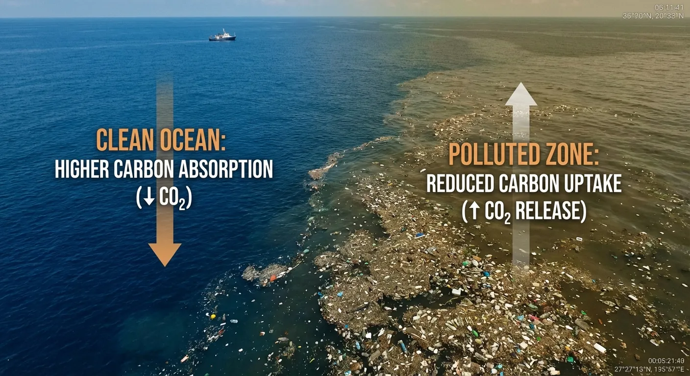 Aerial view of ocean with garbage patch visible alongside healthy blue water