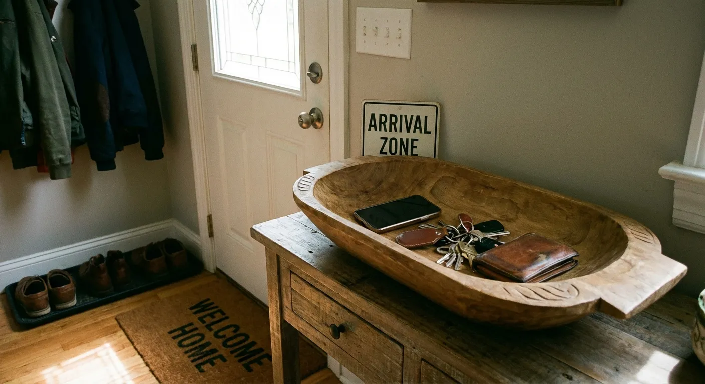 Wooden bowl on entryway table serving as a dedicated phone storage zone