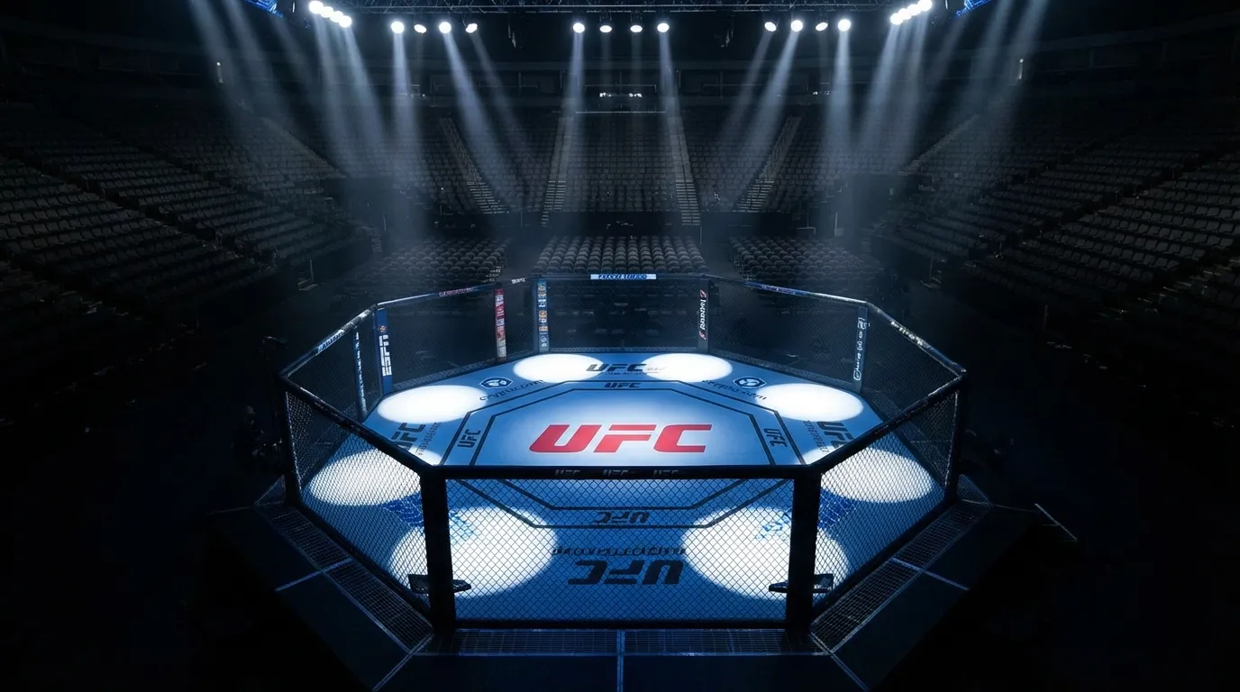UFC octagon lit up with dramatic spotlights before a main event fight
