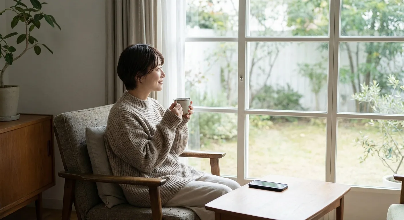 Person sitting peacefully by a window, phone placed aside, fully present in the moment