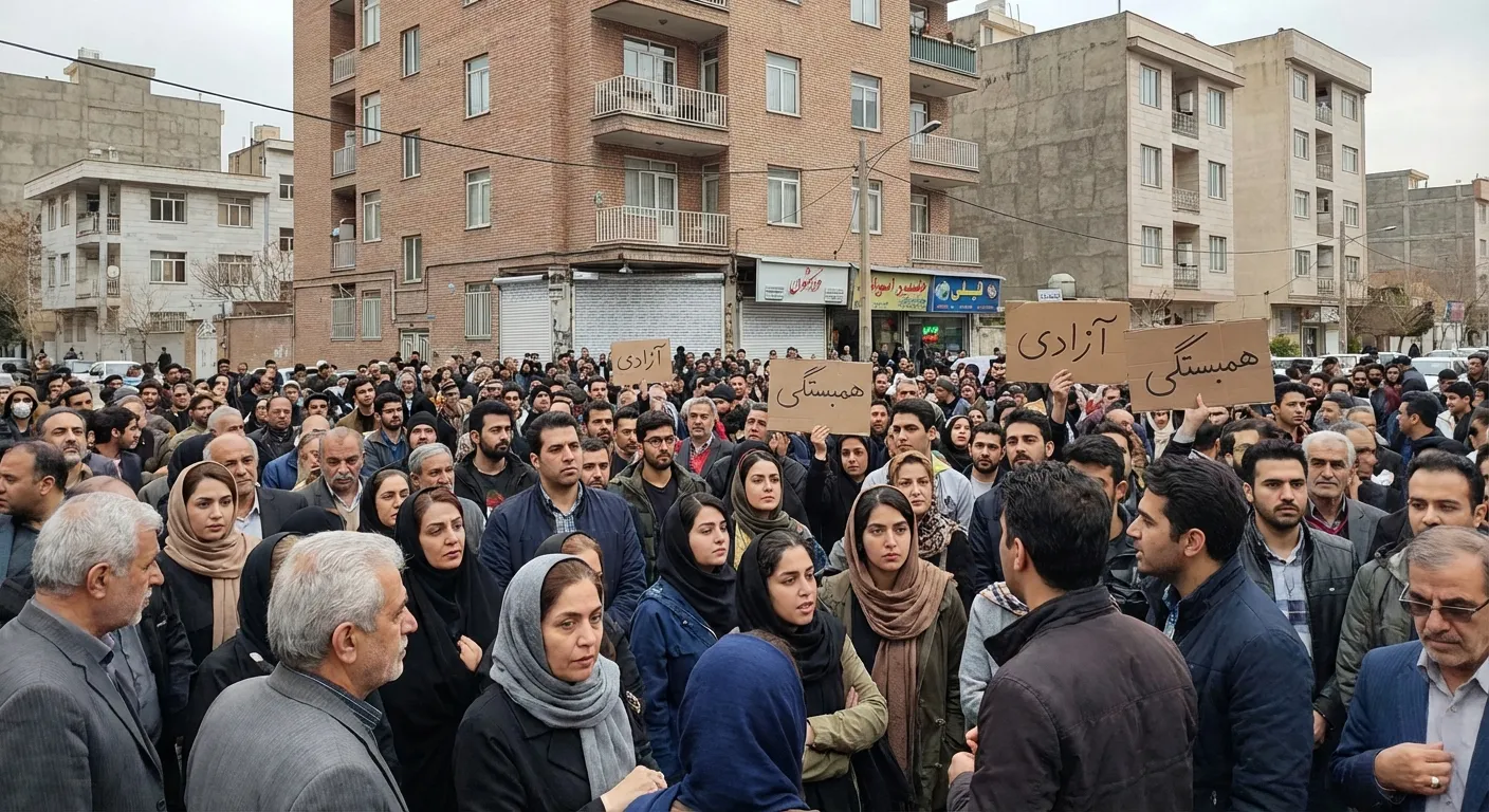 Protesters holding signs and chanting in Iranian demonstration