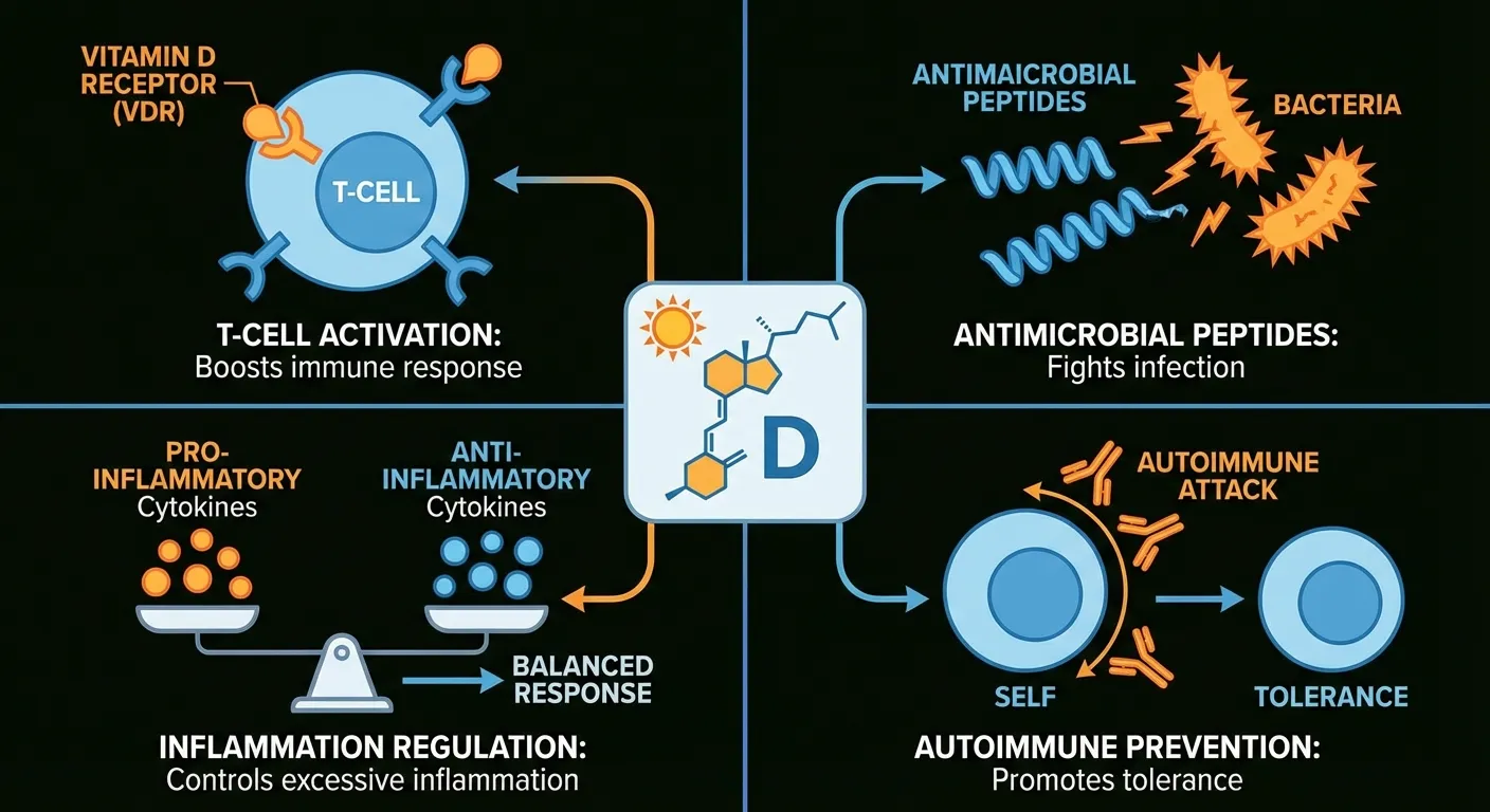Diagram showing vitamin D's four main immune functions: T-cell activation, antimicrobial peptides, inflammation regulation, and autoimmune prevention