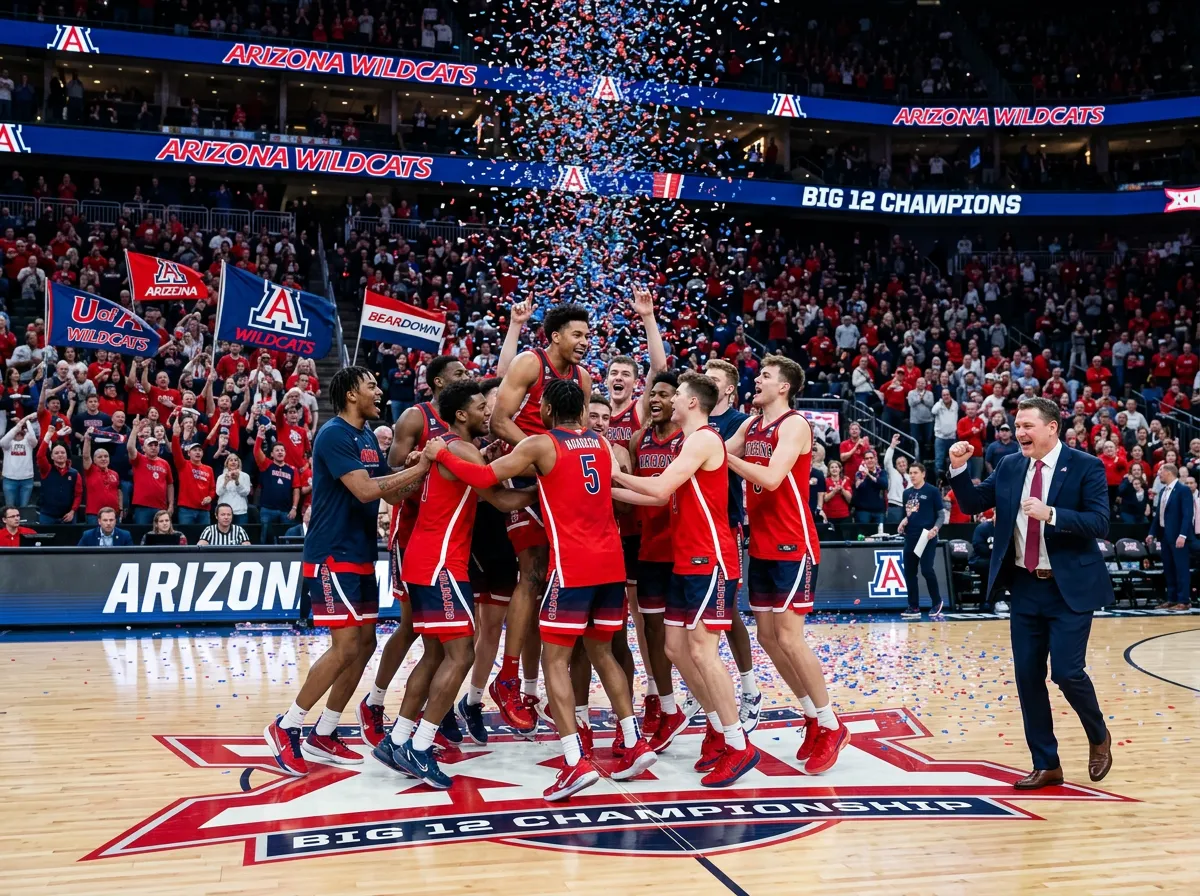 Arizona Wildcats celebrating their Big 12 Tournament championship win over Houston